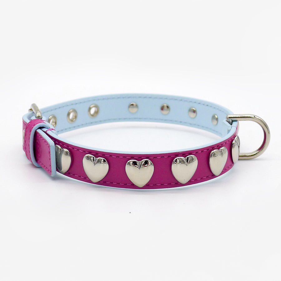 Emma Firenze Leather Dog Collar with Hearts Motif in Lemon or Fuschia