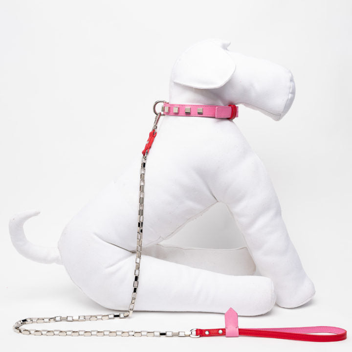 Emma Firenze Dog Lead in Taffy Pink & Scarlett or Azure & Navy with Rectangular Link Chain in Brass